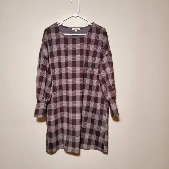 Listicle Women's Size Small Brown Plaid Casual Dress 70's Style Shift Pockets - Picture 1 of 6